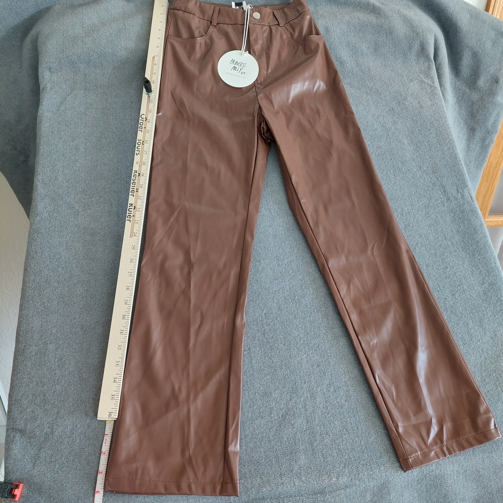 NWT Princess Polly Brown Faux Leather High Rise Straight Leg Pants - Size 4 - Picture 6 of 10